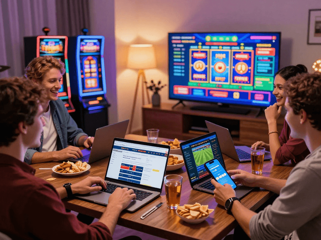 Exciting evening with friends at home enjoying gambleonline games on various devices.