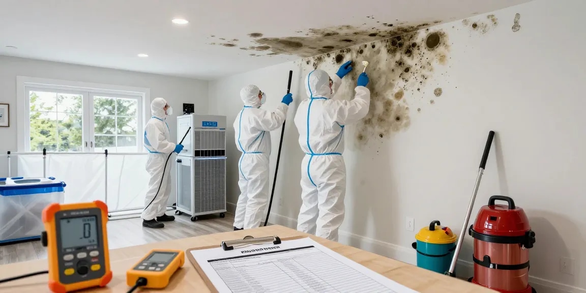 Mold Remediation West Vancouver team inspecting a home with advanced equipment and PPE, ensuring thorough mold removal.
