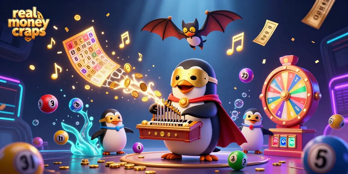 Play real money online craps with the phantom opera penguin amidst golden coins and vibrant gaming elements.