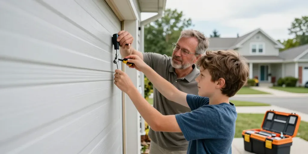 Garage door repair Niagara Falls with a family working together on a garage door project, showcasing teamwork and DIY spirit.