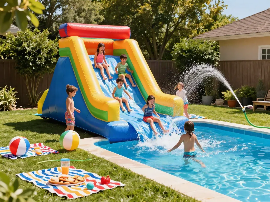 Children enjoying an inflatable water slide in a vibrant backyard setting surrounded by a pool and summer toys.