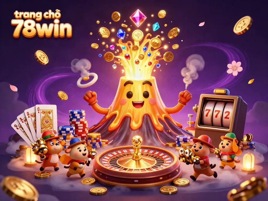 Experience excitement at trang chủ 78win with a golden volcano erupting coins and treasure, featuring dynamic game elements.