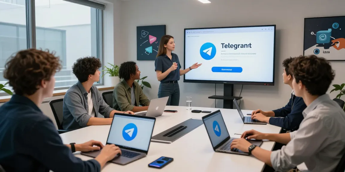 Engaging tech workspace showcasing a team discussing Telegram download tutorial on a large display.