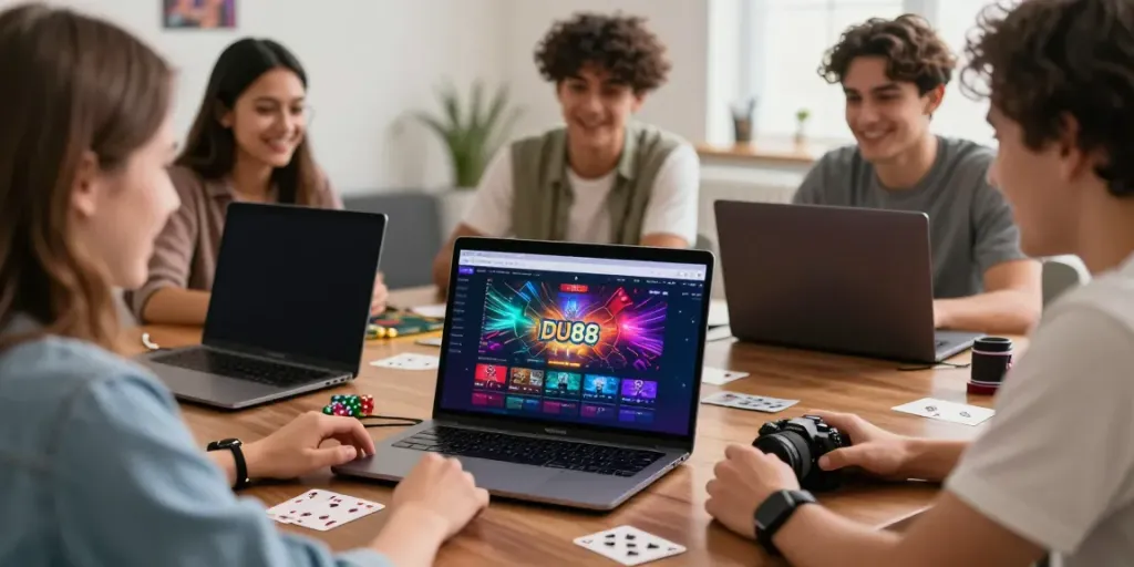 Friends enjoying online gambling at DU88 gaming platform, highlighting engagement and fun.