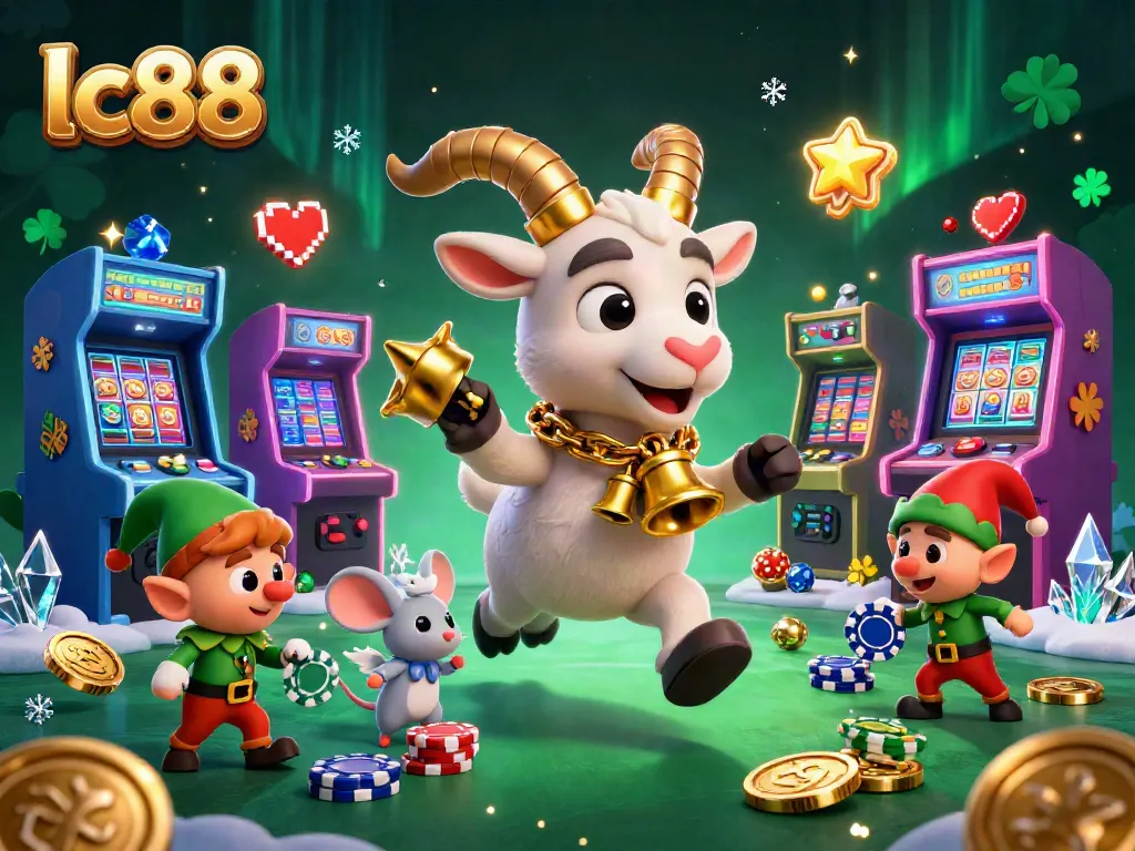 Experience the festive excitement of lc88 with Krampus, charming characters, and dynamic casino elements in a vibrant scene.