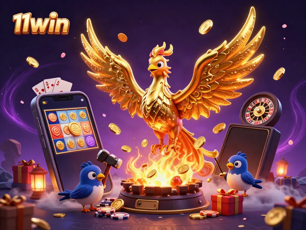 Win big with 11win through a vibrant scene of a golden phoenix amidst casino elements.