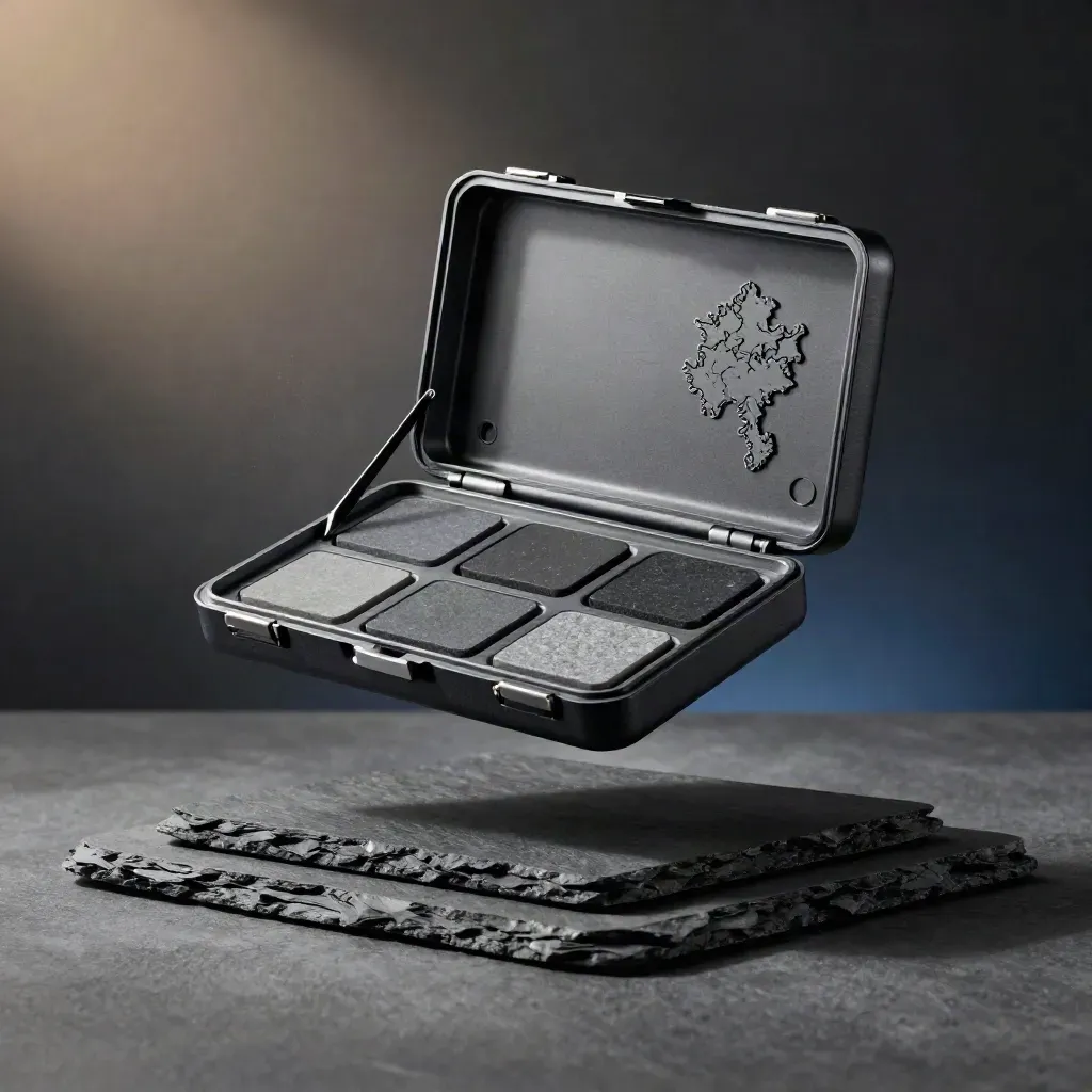 Graphite Canada Market Audit kit with stone swatches and a map chip on slate.