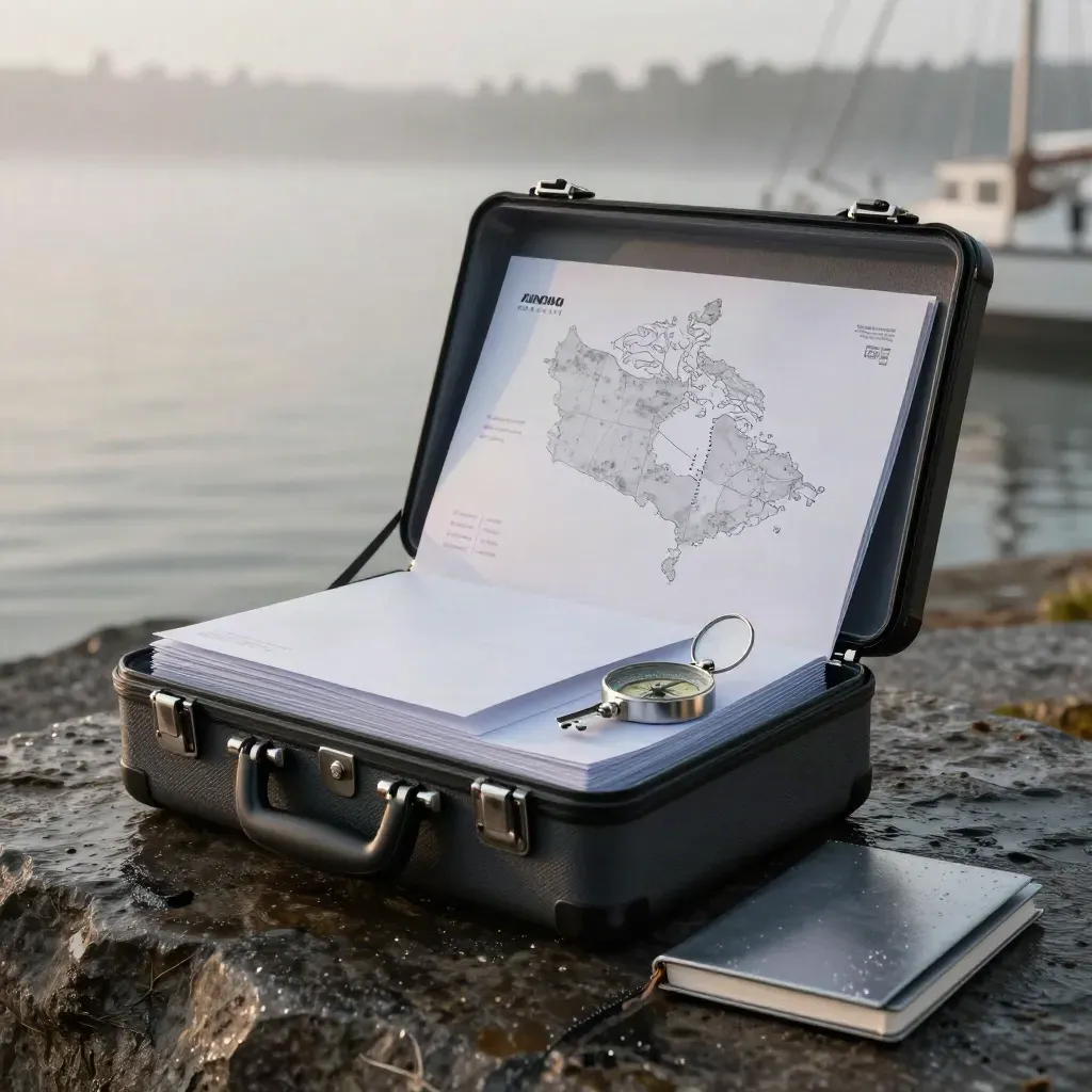 Market-entry kit in opened case with folio, binders, compass and notebook on wet stone at dawn.