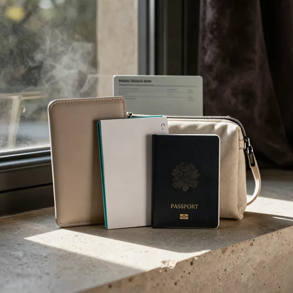 Matte travel folios and passport sleeve on pale limestone with teal accent and window haze