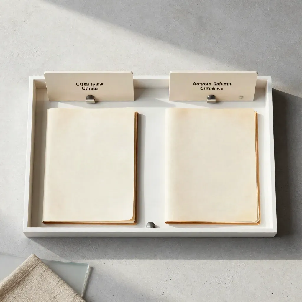 Top-down flatlay of bilingual consulting folios and cards in a white oak tray on pale concrete