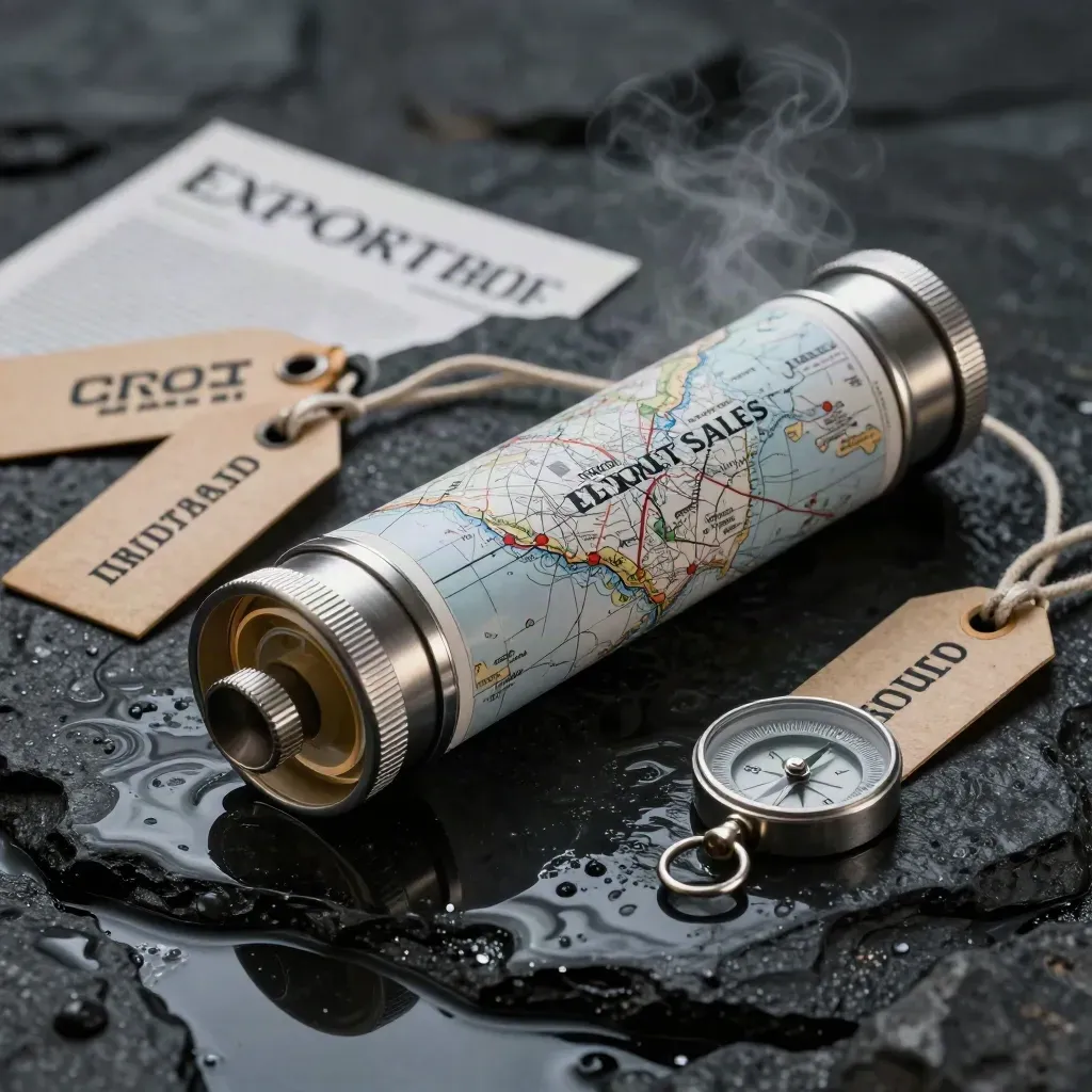 Brushed aluminium route atlas tube on wet basalt with cargo tags, cord and silver rim light.