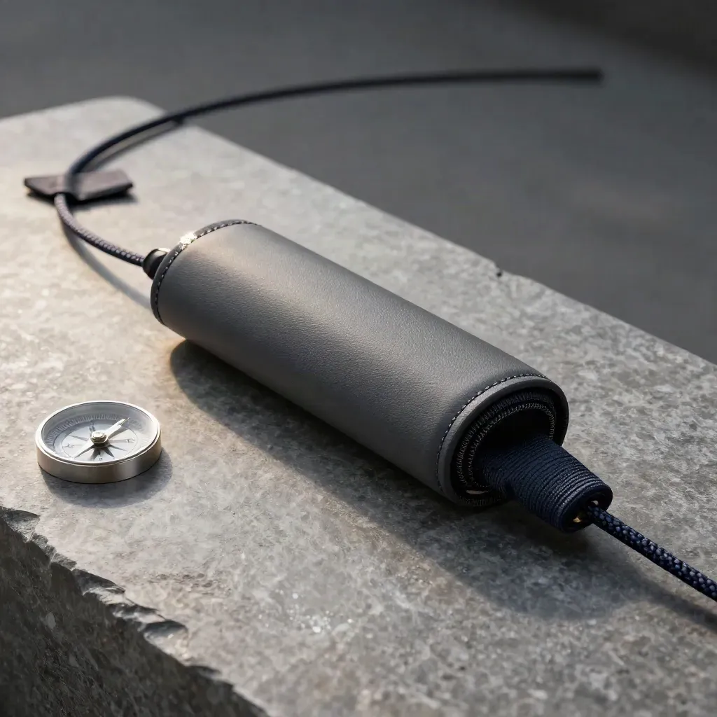 Gray sleeve with cord, compass disc and fabric square sliding across brushed stone in mist.