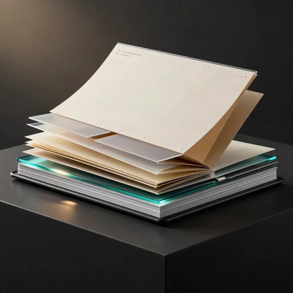Open cross-border audit kit with teal dividers and consulting folio on a dark studio plinth.