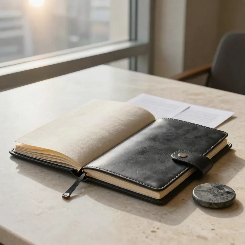 Charcoal consultation folio half-open with notebook, tab cards and coaster on travertine.