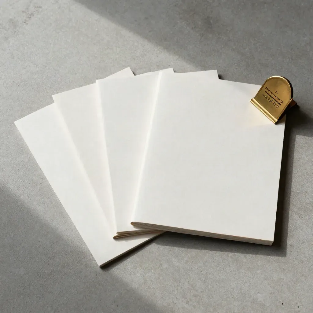 Overhead flatlay of blank quote cards, stone folio and brass corner weight on cool stone.