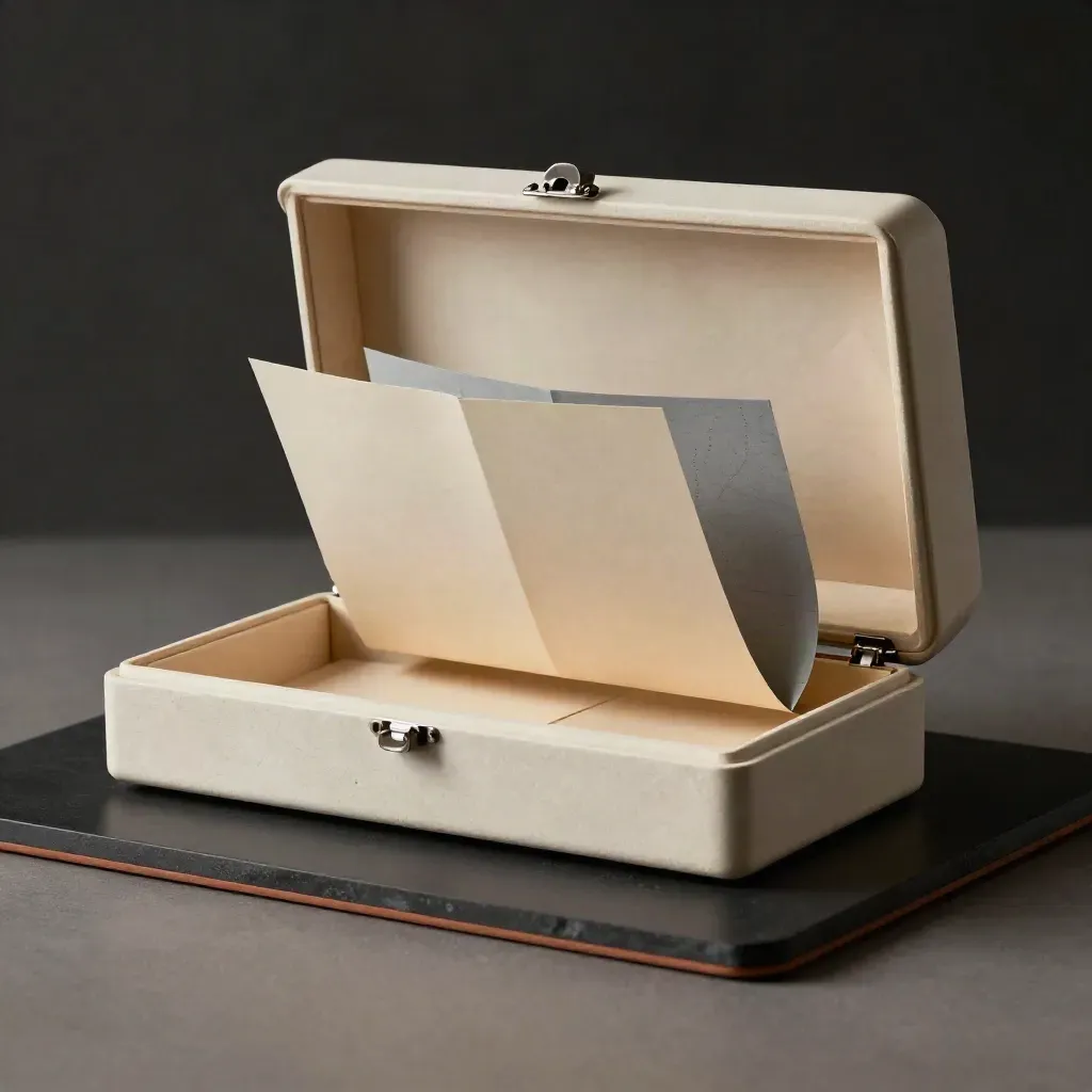 Open Quebec Market Pack case with folded map leaf and dividers on a dark studio slab