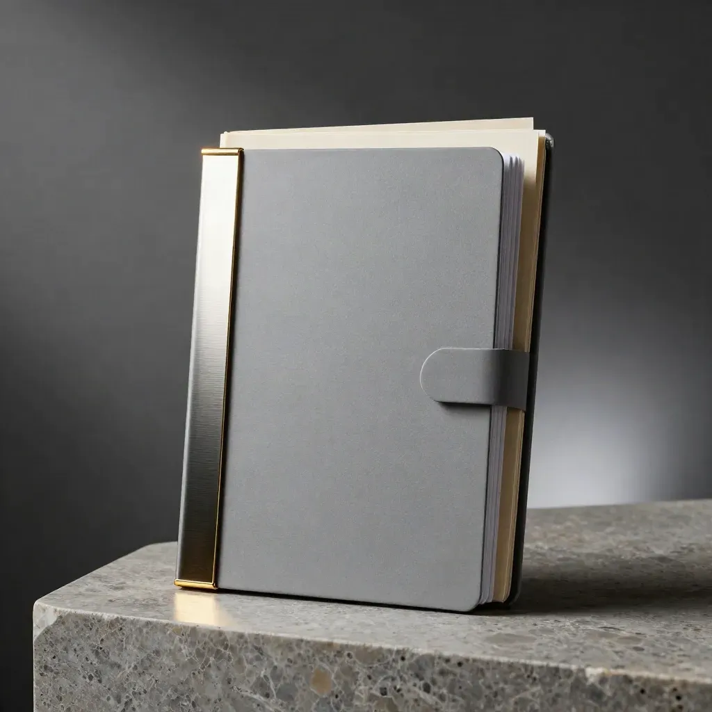 Upright gray folio with brass clip on a limestone plinth, softly lit against graphite blur.