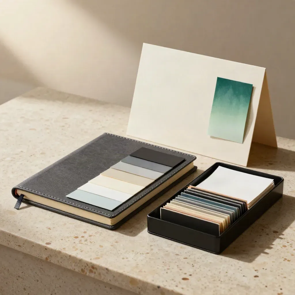 Supplier vetting kit with swatches, sealed notebook, and black tray on travertine