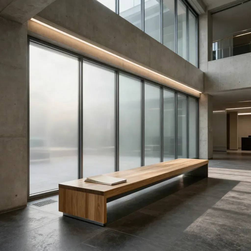 Sunlit concrete-and-glass atrium with pale oak bench and calm dark floor