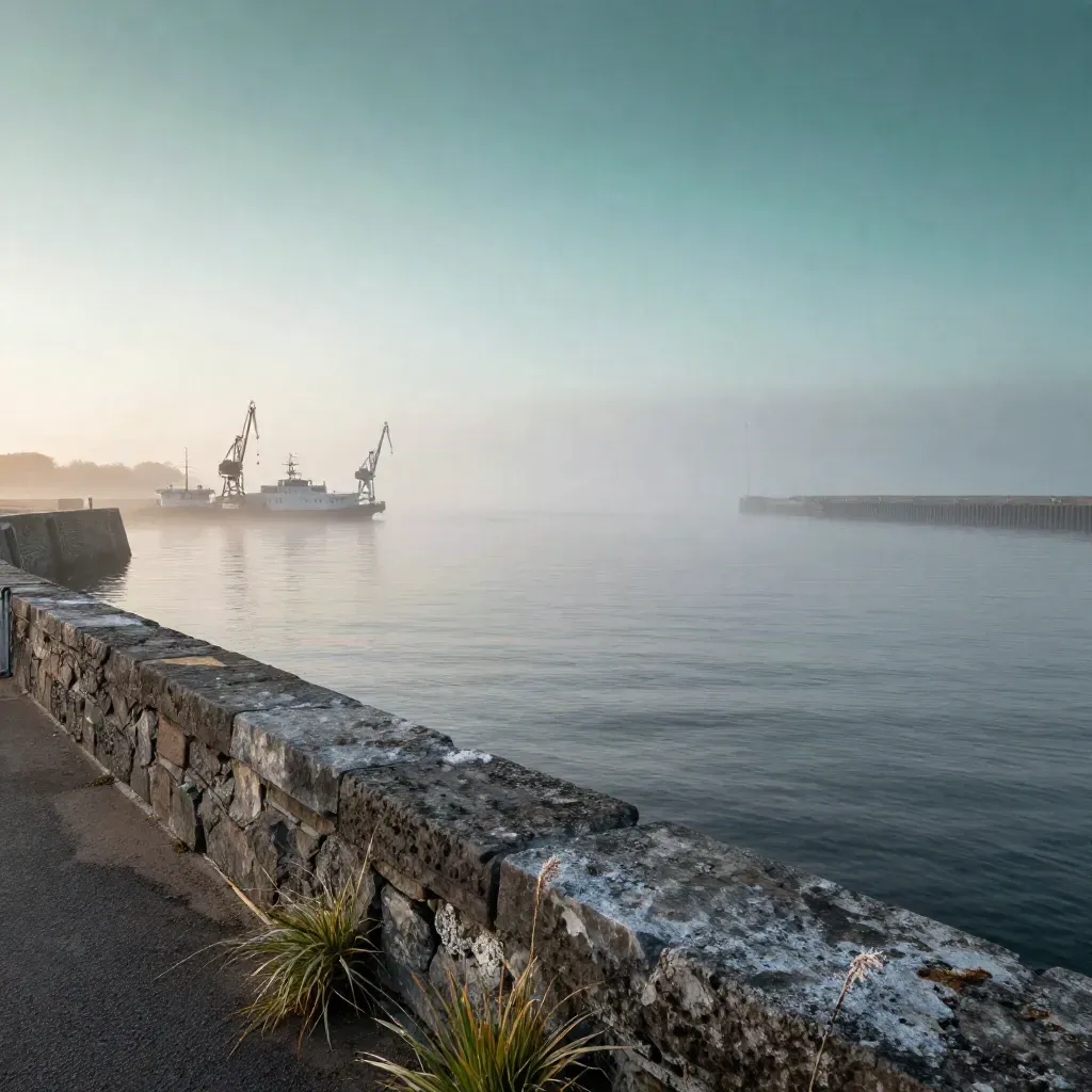 Foggy harbour overlook with stone parapet, distant cranes, ferry masts, and calm water at sunrise.