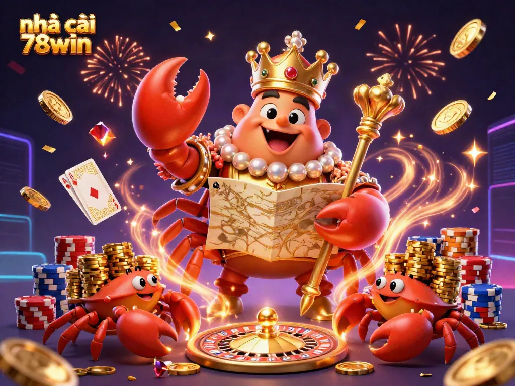 Experience the excitement at nhà cái 78win with a dynamic casino illustration featuring a golden crab emperor amidst spinning roulette wheels and sparkling coins.