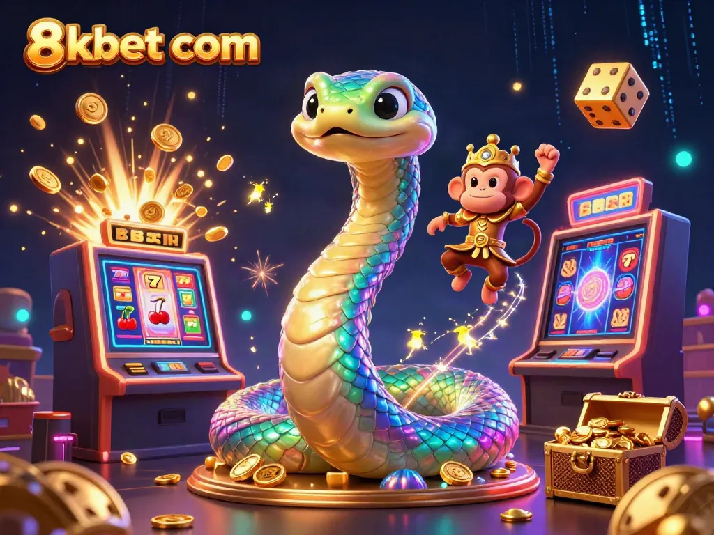 Engage with the vibrant gaming world of 8xbet com featuring a dynamic slot machine explosion and magical characters.