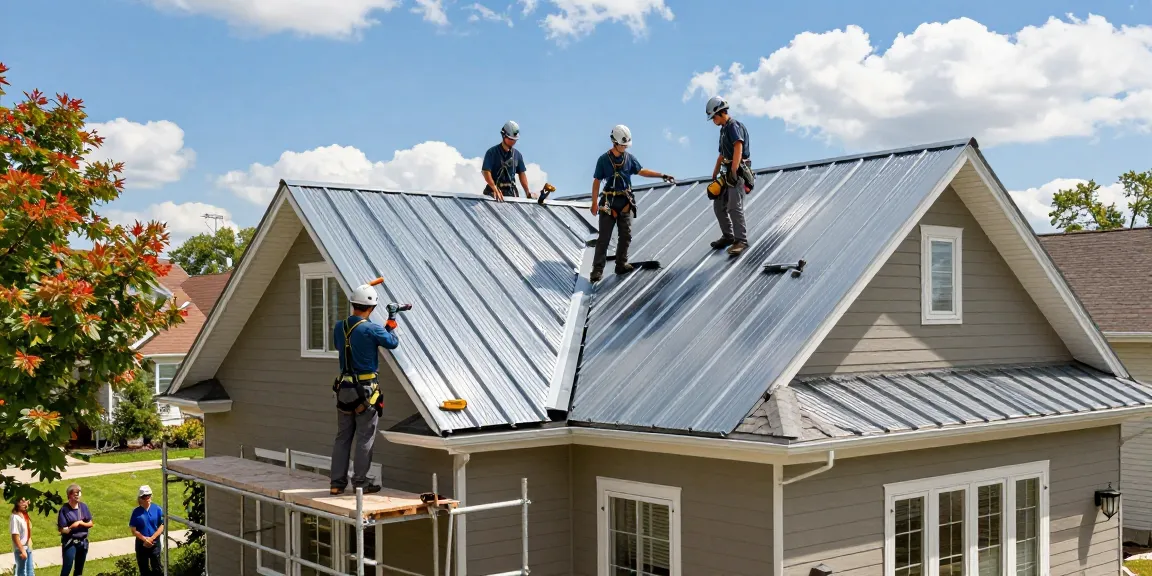 Steel roofing contractors expertly installing metal roofing panels on a residential home, showcasing professional craftsmanship.