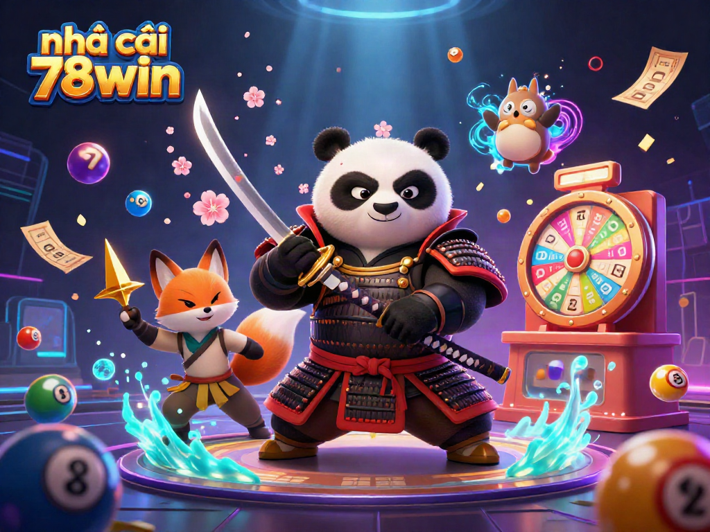 Experience the excitement of nhà cái 78win with a dynamic illustration of a samurai panda and ninja fox amidst a vivid lottery scene.