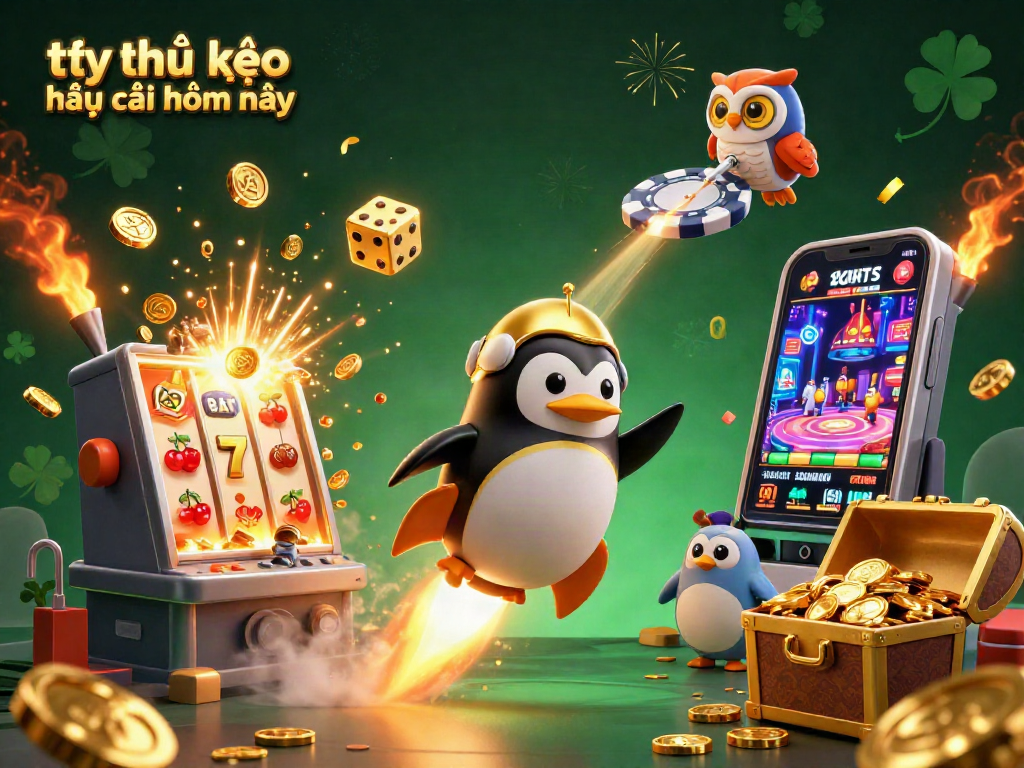 Tỷ lệ kèo nhà cái hôm nay visualizes a dynamic 3D scene with a golden penguin, vibrant slot machine, and casino motifs.