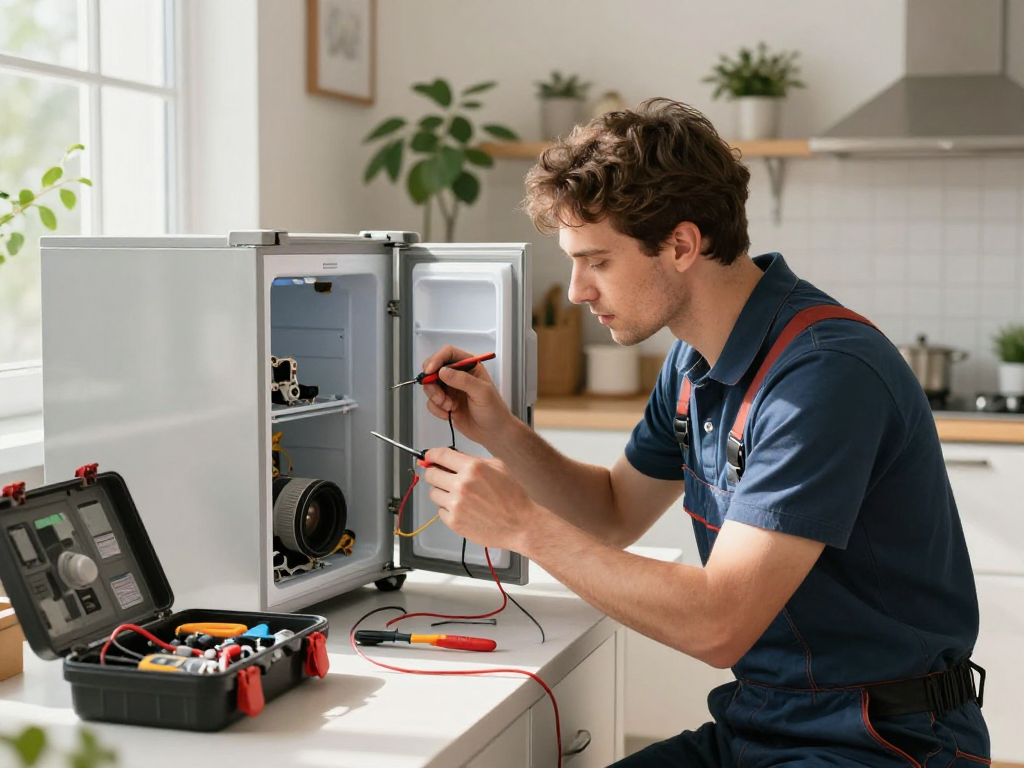 Expert appliance repair in Vaughan with technician troubleshooting a refrigerator at home.