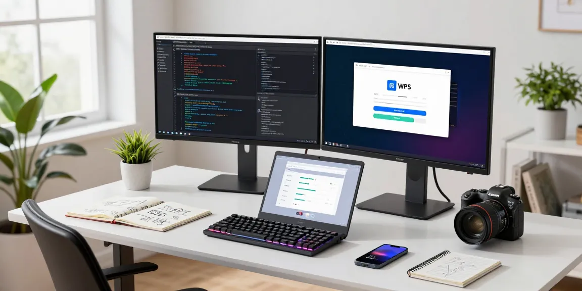WPS Download interface displayed on a developer's laptop in a vibrant tech workspace.