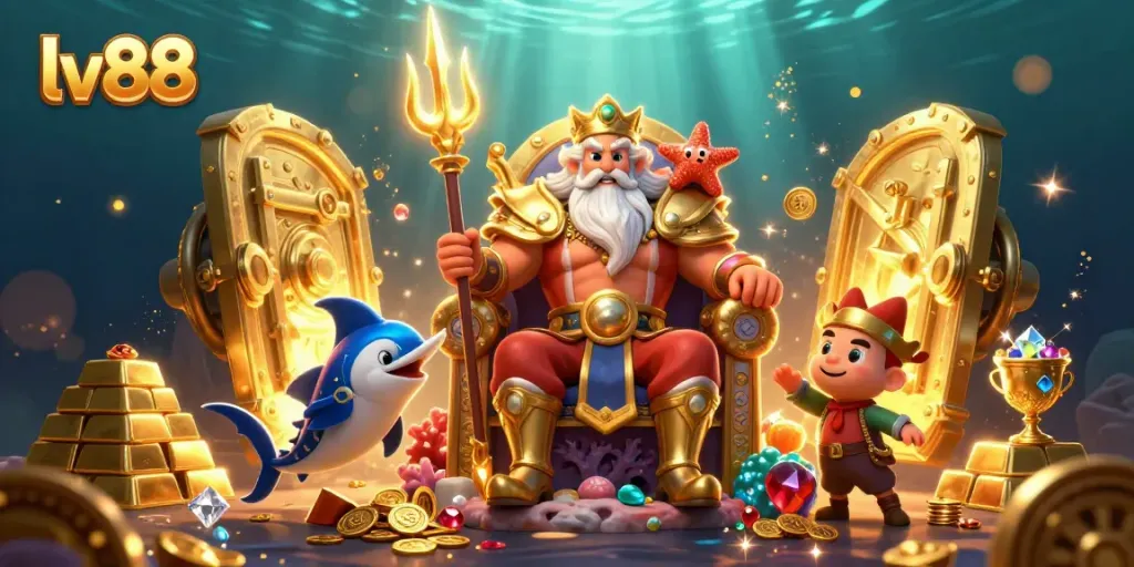 Experience thrilling gameplay at lv88 with a vibrant 3D illustration showcasing the sea king Neptune and treasure elements.